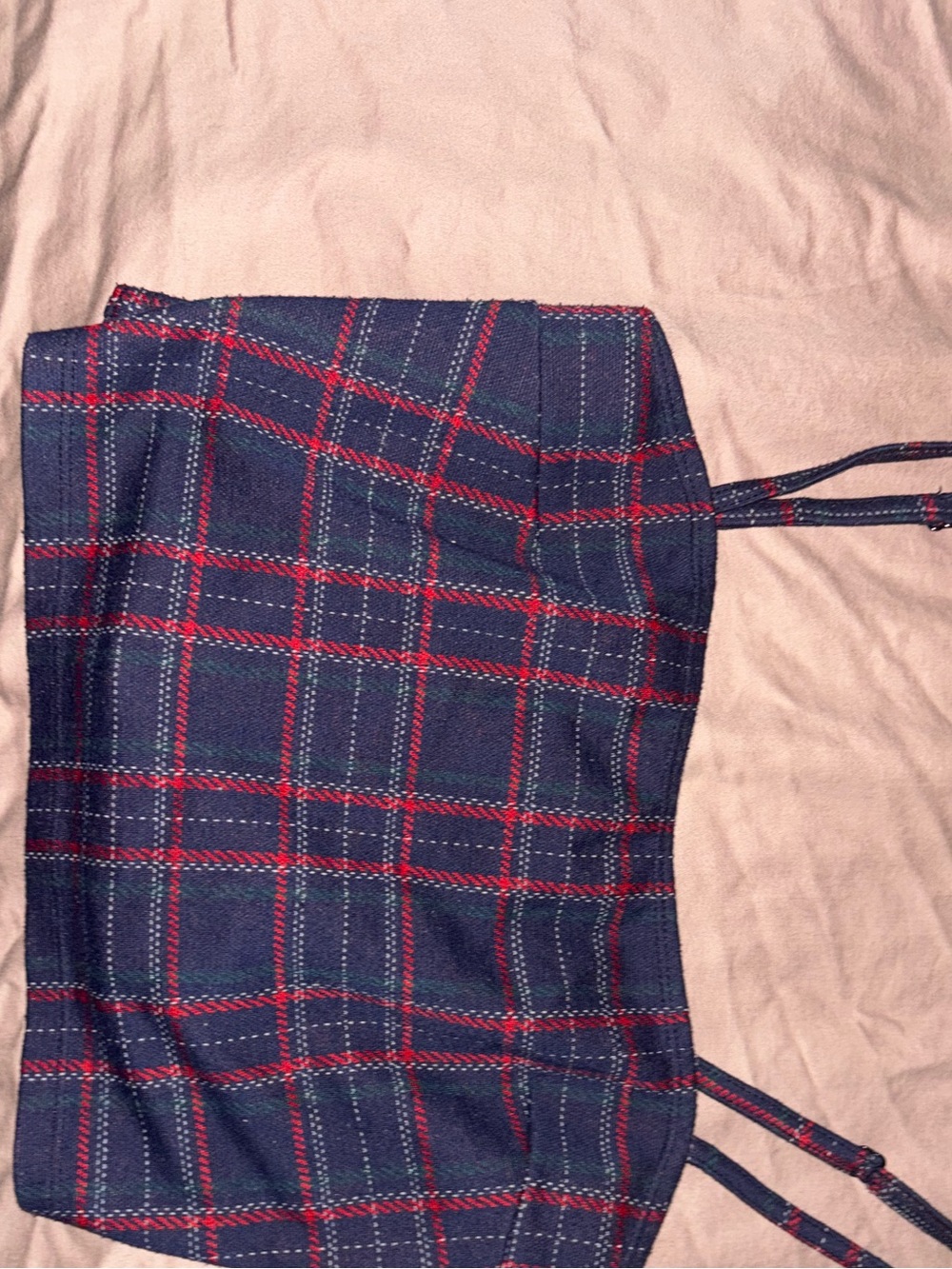 Popular Basics Navy Plaid Crop Top with Red Accents